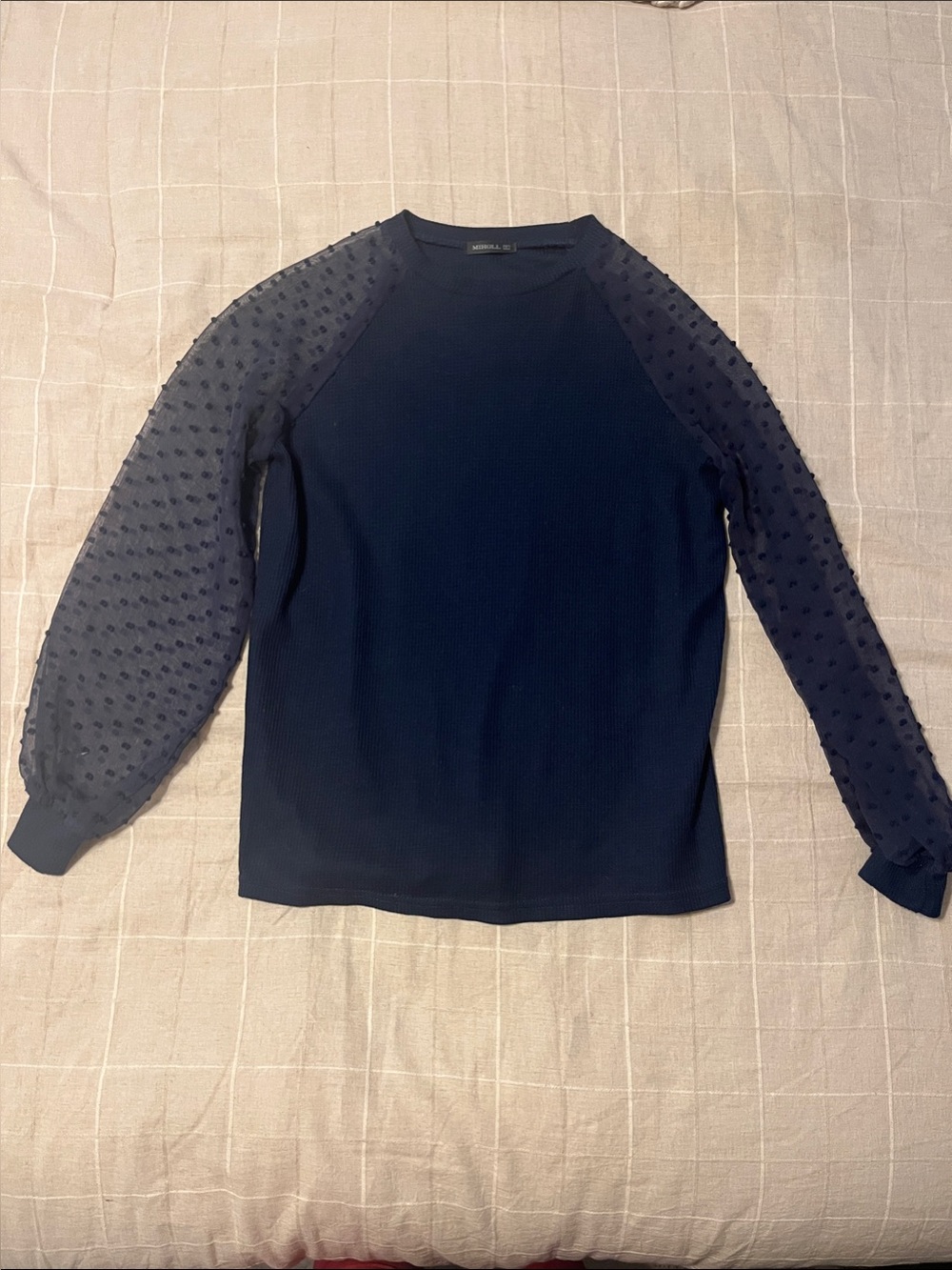 Textured Mesh Sleeve Navy Blouse